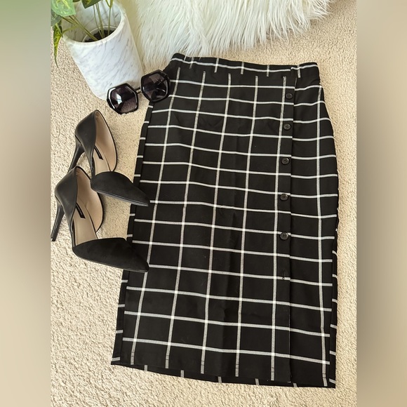 Plaid Pencil Midi Skirt Elastic High Waist Button Stretchy with Slit Size: M - Picture 3 of 8